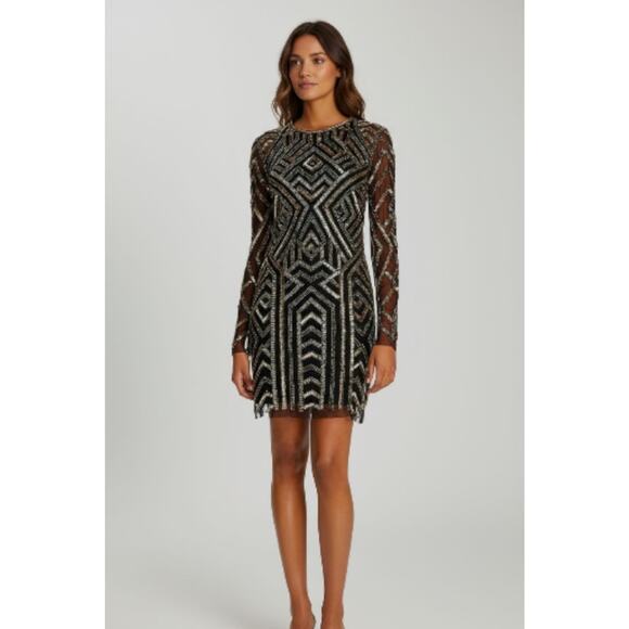 $265 NEW Aidan Mattox Beaded Dress Sz 2 Black Gold Geometric Holiday Designer - Picture 2 of 16